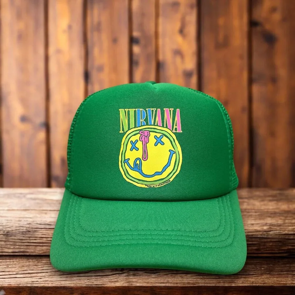 Nirvana Smiley Face Mens Trucker Hat Green Snapback Punk Rock Grunge Ball Cap